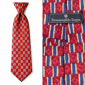 Ermenegildo Zegna Silk Tie‎ Red Blue Gold Geometric Pattern Luxury Mens Fashion